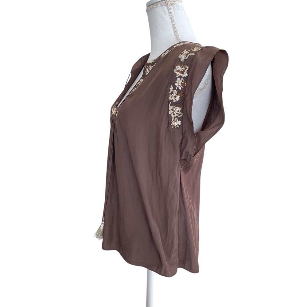 Ramy Brook Short Ruffle Sleeves Tie Neck Floral Embroidery Brown Blouse - Picture 3 of 9